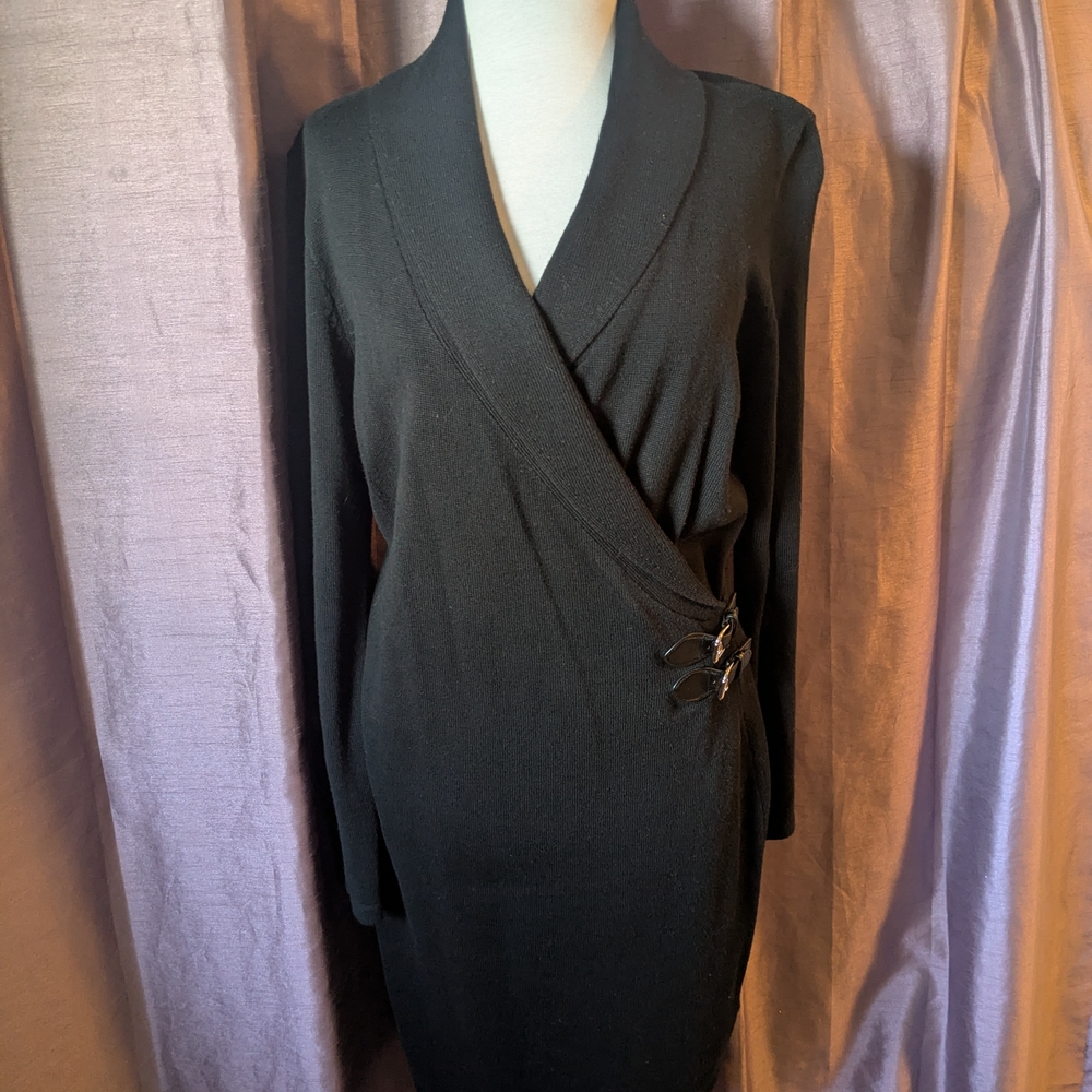 Chaps Black Knit Long Sleeve Wrap Style Dress
